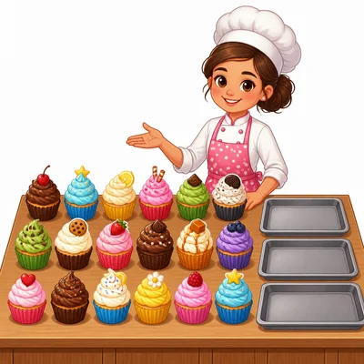 Eighteen cupcakes and three empty trays.