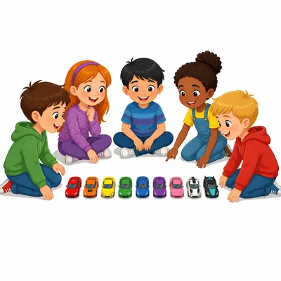 Ten toy cars with five children ready to share.