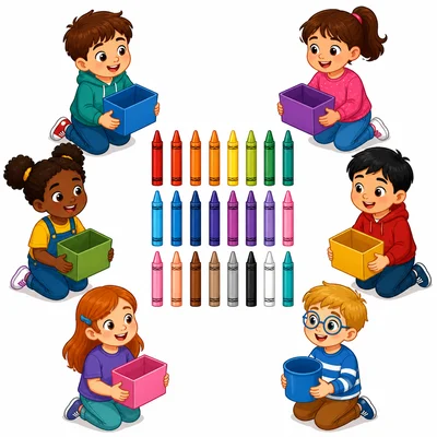 Twenty-four crayons shared by six students.