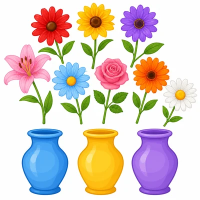 Nine flowers and three empty vases.