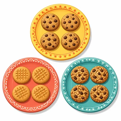 Three plates with four cookies on each plate.