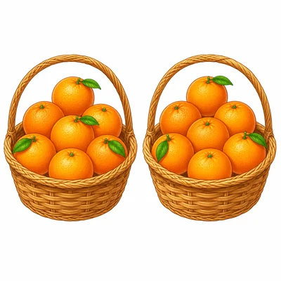 Two baskets with seven oranges in each basket.