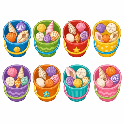 Eight pails with five seashells in each pail.