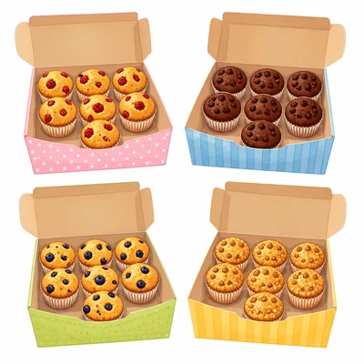 Four bakery boxes with seven muffins in each box.