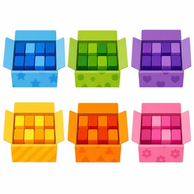 Six boxes with eight cubes in each box.