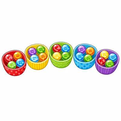 Five bowls with four marbles in each bowl.