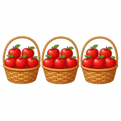 Three baskets with six apples in each basket.