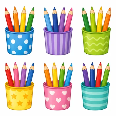 Six cups with four pencils in each cup.