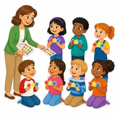 Seven students each have three stickers from a teacher.