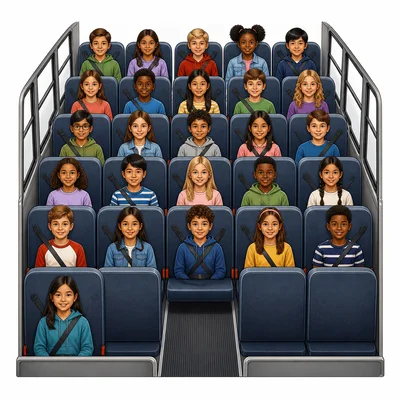 Five full bus rows with five students each and one extra student.