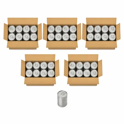 Five boxes with eight cans each and one can left over.