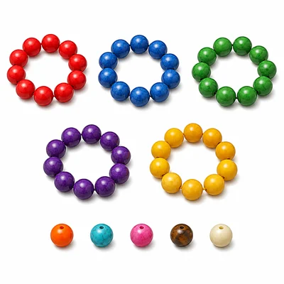 Five bead bracelets with nine beads each and five loose beads left over.