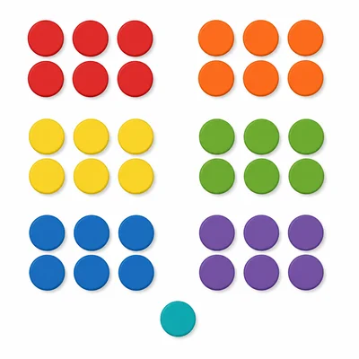 Five groups of six counters with one counter left over.