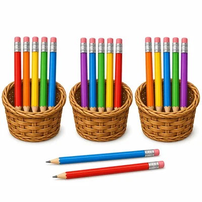 Three baskets with five pencils each and two extra pencils.