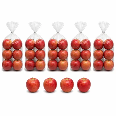 Five bags with six apples each and four apples left over.