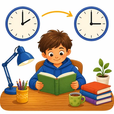 A child reads with two clocks showing one hour passing.