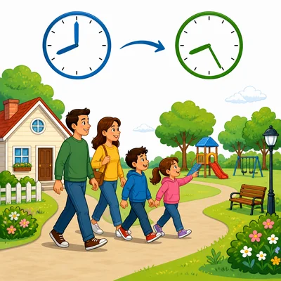 A family travels from home to a park with clocks showing the trip times.