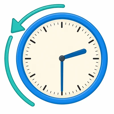 A clock shows half past two with an arrow going backward.