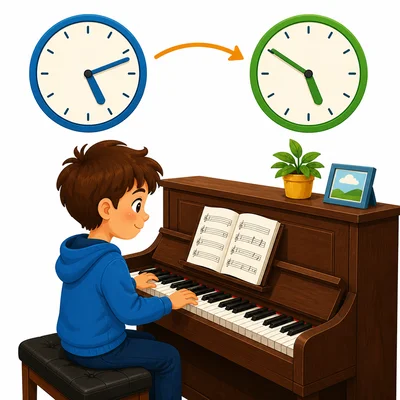 A child practices piano with clocks showing start and stop times.