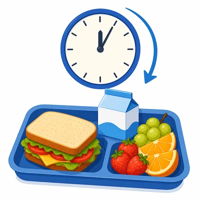 A lunch tray sits beside a clock showing the start time.