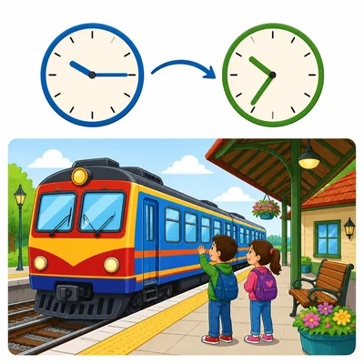 A train waits at a station with clocks showing arrival and leaving times.