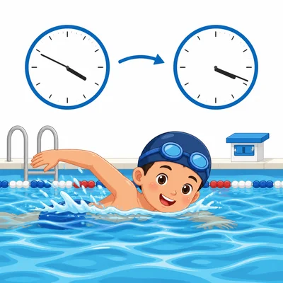 A child swims with clocks showing the start and stop times.