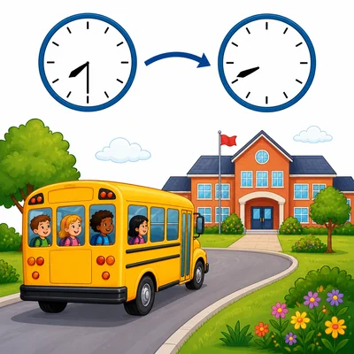 A school bus travels from one clock time to another.