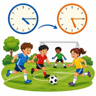 Children play soccer with clocks showing the start and end times.