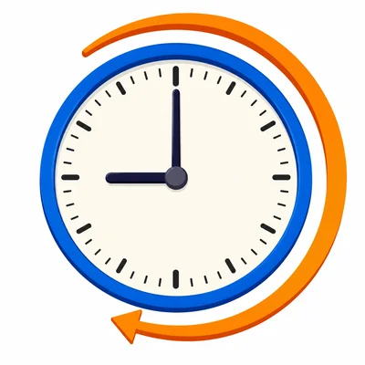 A clock shows nine o’clock with a curved arrow moving forward.