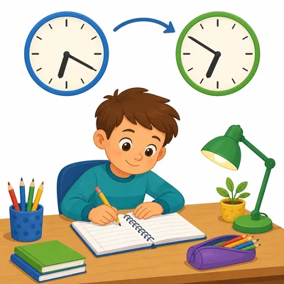 A child does homework with clocks showing the start and finish times.