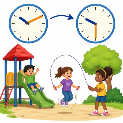 Children play at recess with clocks showing the recess times.