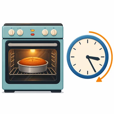 A cake bakes in an oven beside a clock showing the start time.