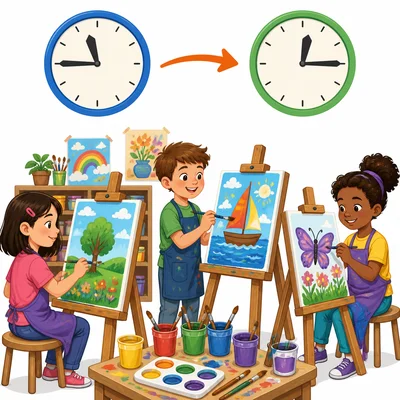 Children paint in art class with clocks showing the class times.