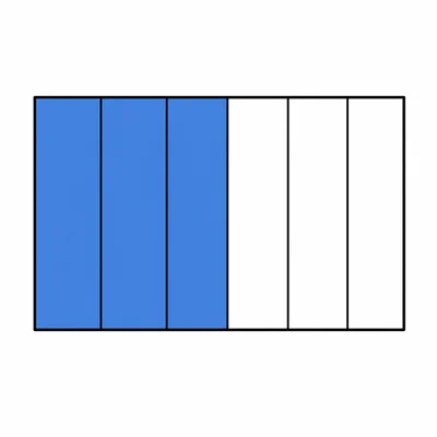 A rectangle divided into six equal parts with three shaded.