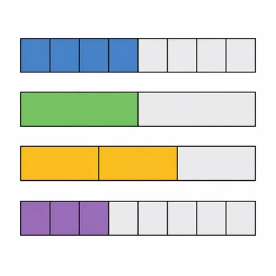 Fraction bars compare four eighths with one half, two thirds, and three eighths.