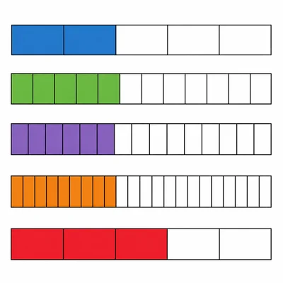 Stacked fraction bars compare two fifths with four tenths, six fifteenths, eight twentieths, and three fifths.