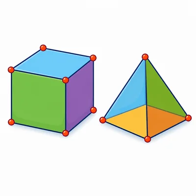 A cube and square pyramid with vertices marked.