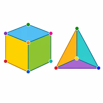 A cube and triangular pyramid with corners marked.