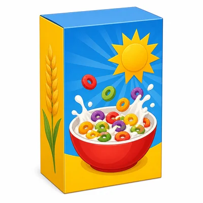 A colorful cereal-box-shaped rectangular prism.