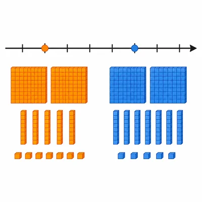 A number line with two markers, one farther right, with base-ten blocks under each marker showing the two compared numbers.