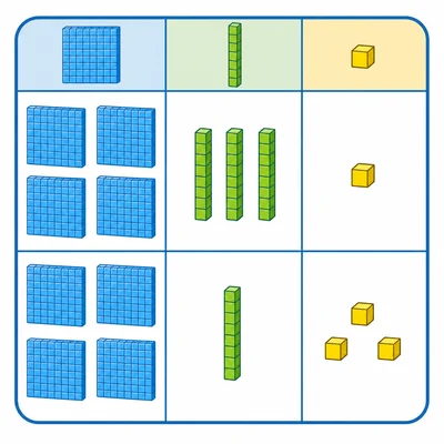 A place value chart showing base-ten blocks for two numbers: four hundreds, three tens, one one; and four hundreds, one ten, three ones.