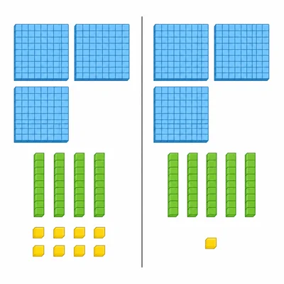 Two groups of base-ten blocks: one group has three hundreds, four tens, and eight ones; the other has three hundreds, five tens, and one one.
