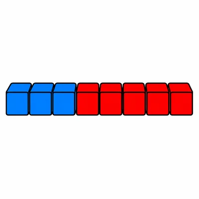 Three blue blocks next to five red blocks