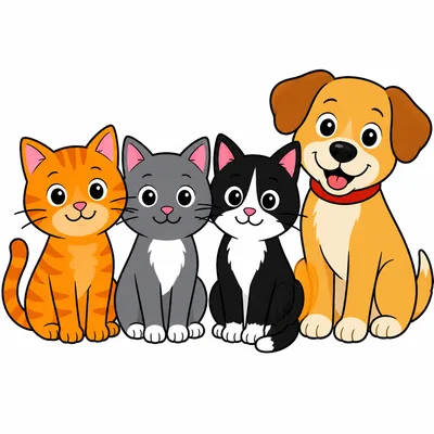Three cats next to one dog