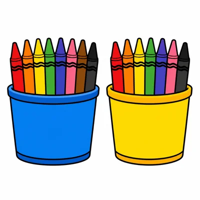 One cup with nine crayons next to another cup with nine crayons