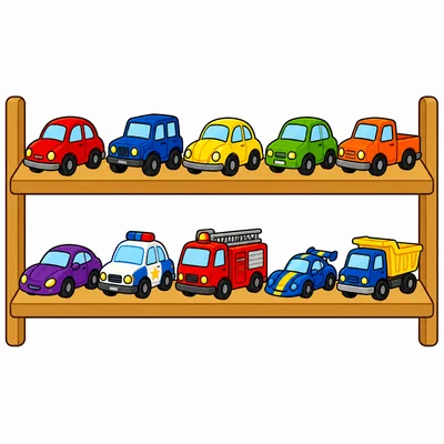 Five toy cars on one shelf next to five toy cars on another shelf