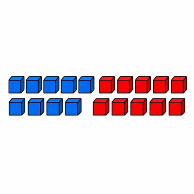 Nine blue cubes next to ten red cubes