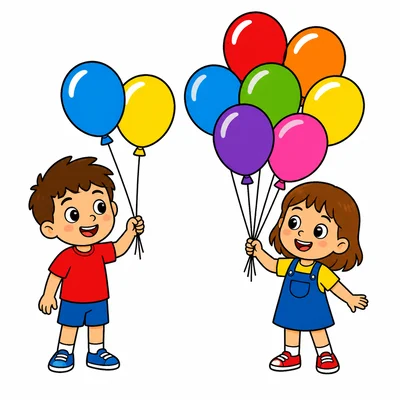A child with two balloons next to a child with seven balloons