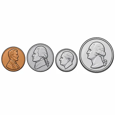Four different coins including a copper penny.