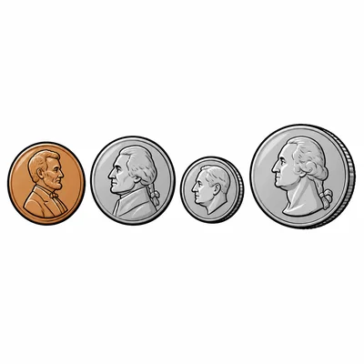 Four different coins including a small silver dime.